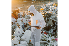 Person in hazmat suit collecting packaging waste.